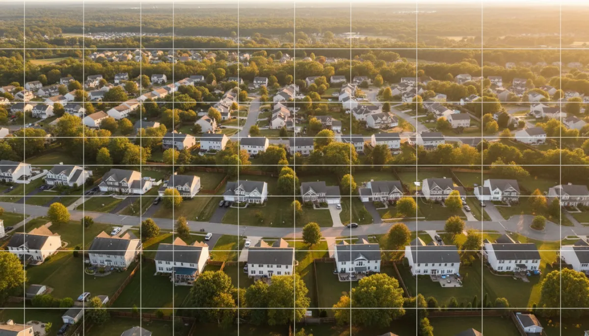 Aerial view of a well-presented Manassas, VA neighborhood at sunset