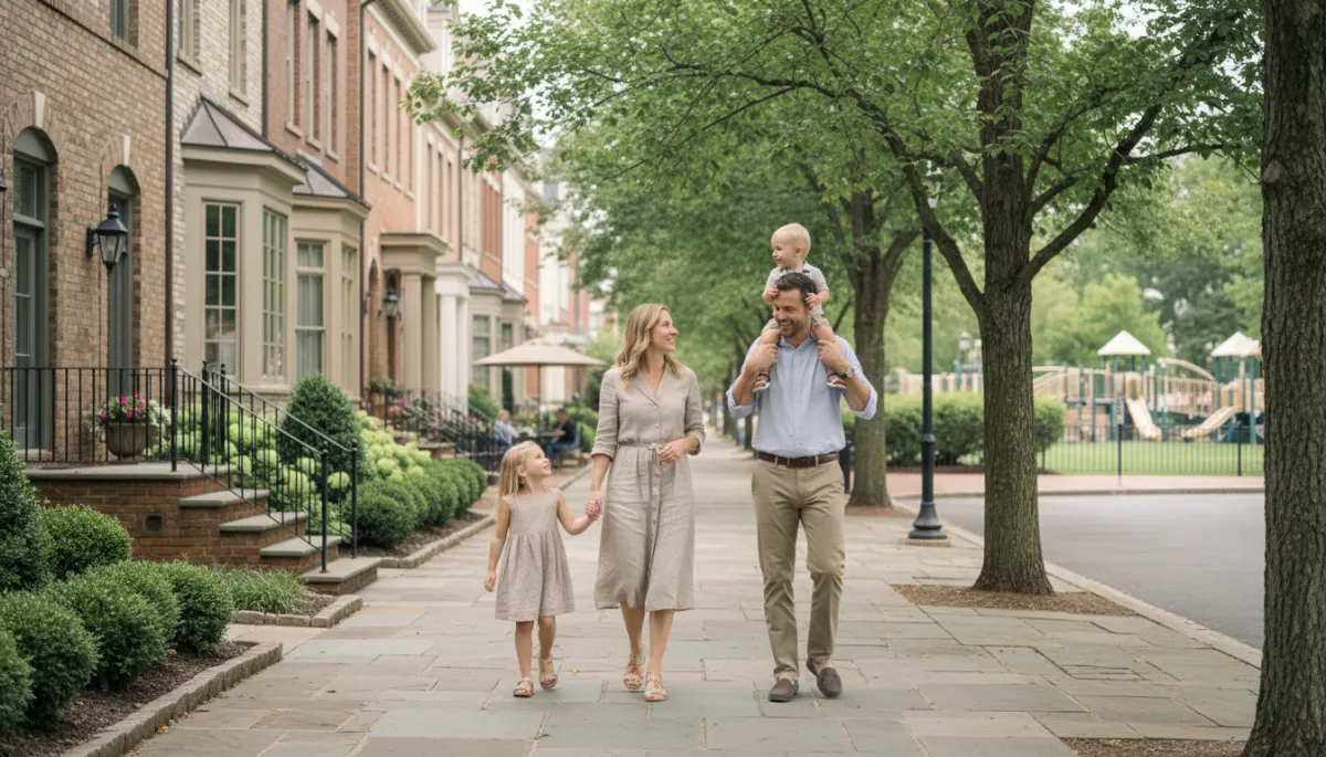 Upscale family walking near elegant homes and amenities in Manassas Park VA