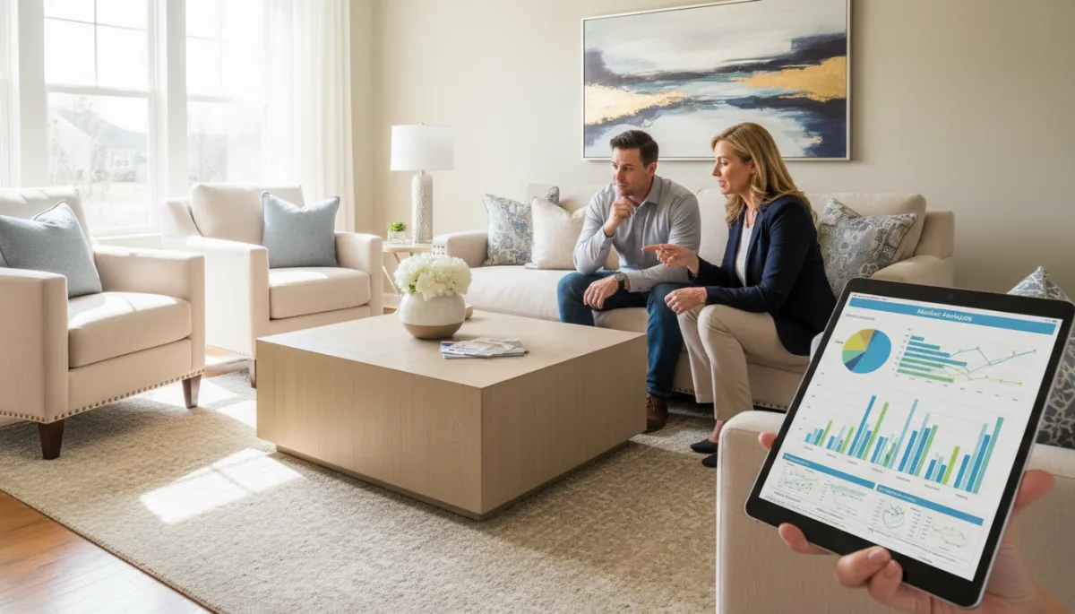 Photorealistic staged living room in a Manassas Park home with an agent reviewing market data with homeowners Photorealistic staged living room in a Manassas Park home with an agent reviewing market data with homeowners