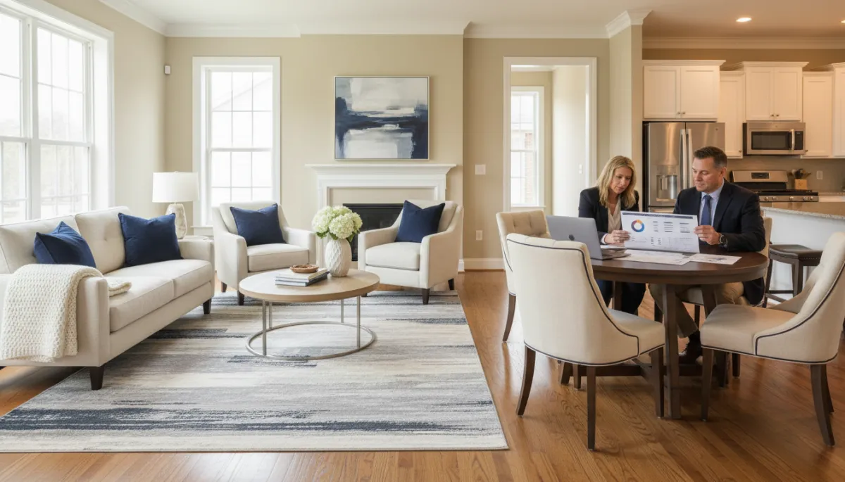Photorealistic staged living room where homeowners review pricing strategy with a real estate advisor