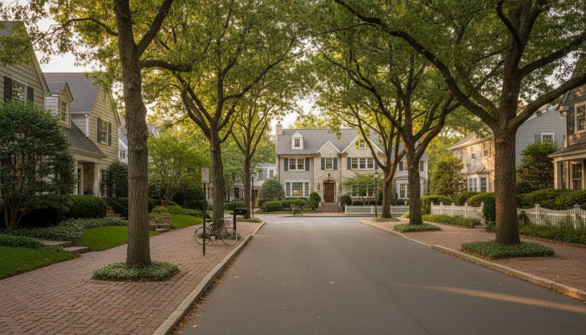 Tree-lined residential street with upscale homes in Bethesda