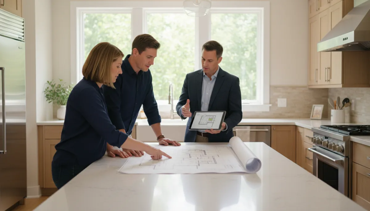 Photographic realistic couple consulting with a real estate agent in a Bethesda home kitchen