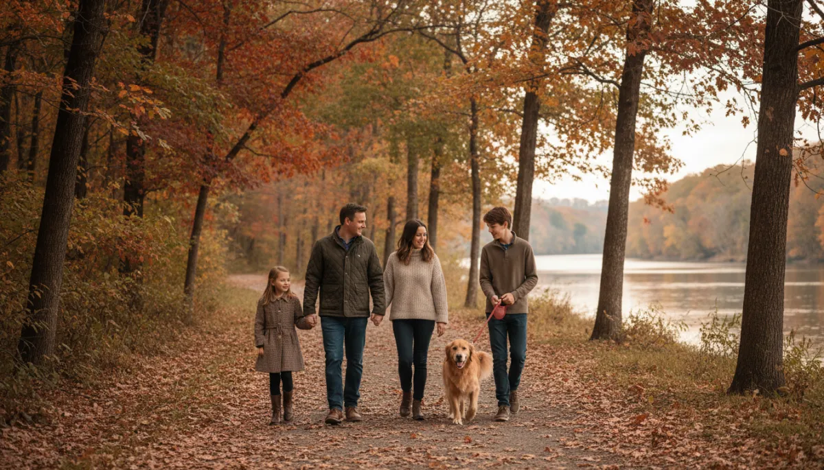 Family walking a wooded riverside trail in Potomac Maryland