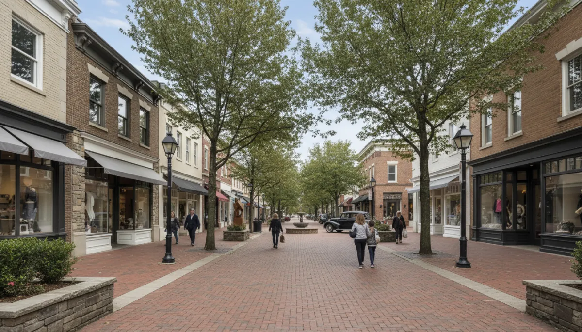 Photorealistic view of Potomac Village with shops and pedestrians