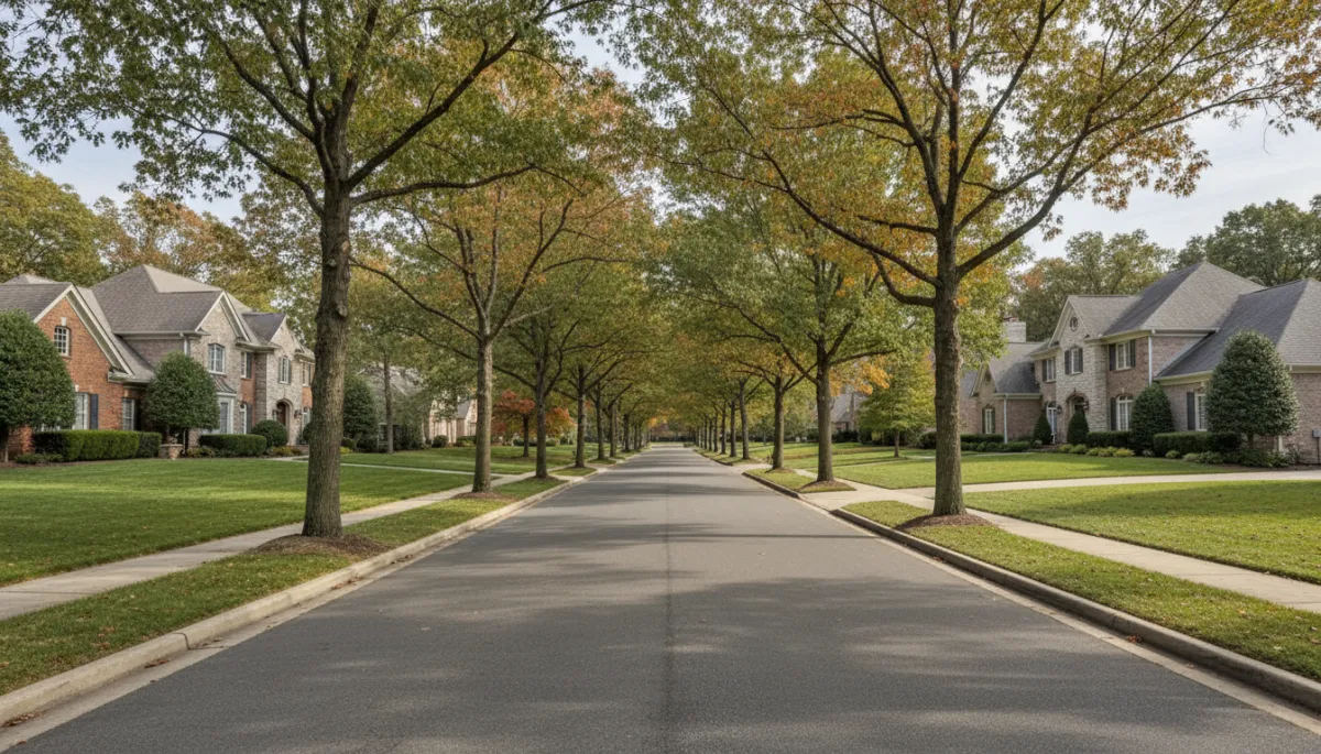 Tree-lined residential street in Potomac with large homes and early fall foliage