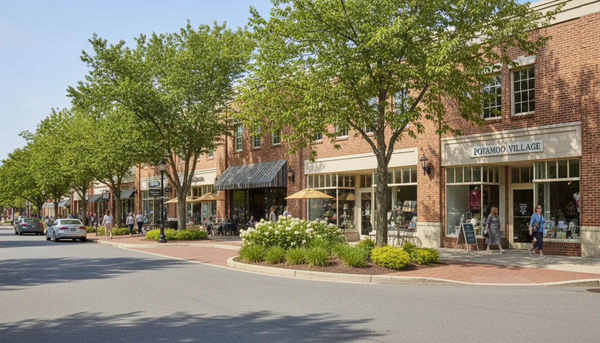 Street-level view of Potomac Village shopping center with shops and landscaping