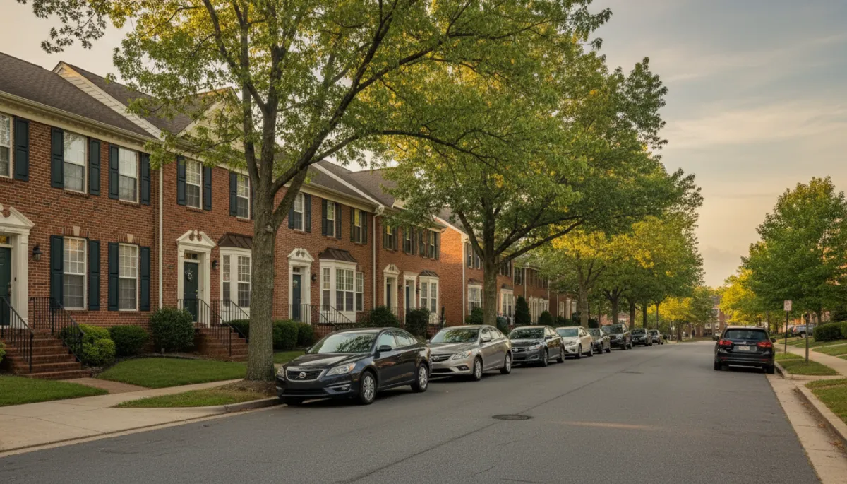 Residential street with brick townhomes and mature trees in Oxon Hill Maryland