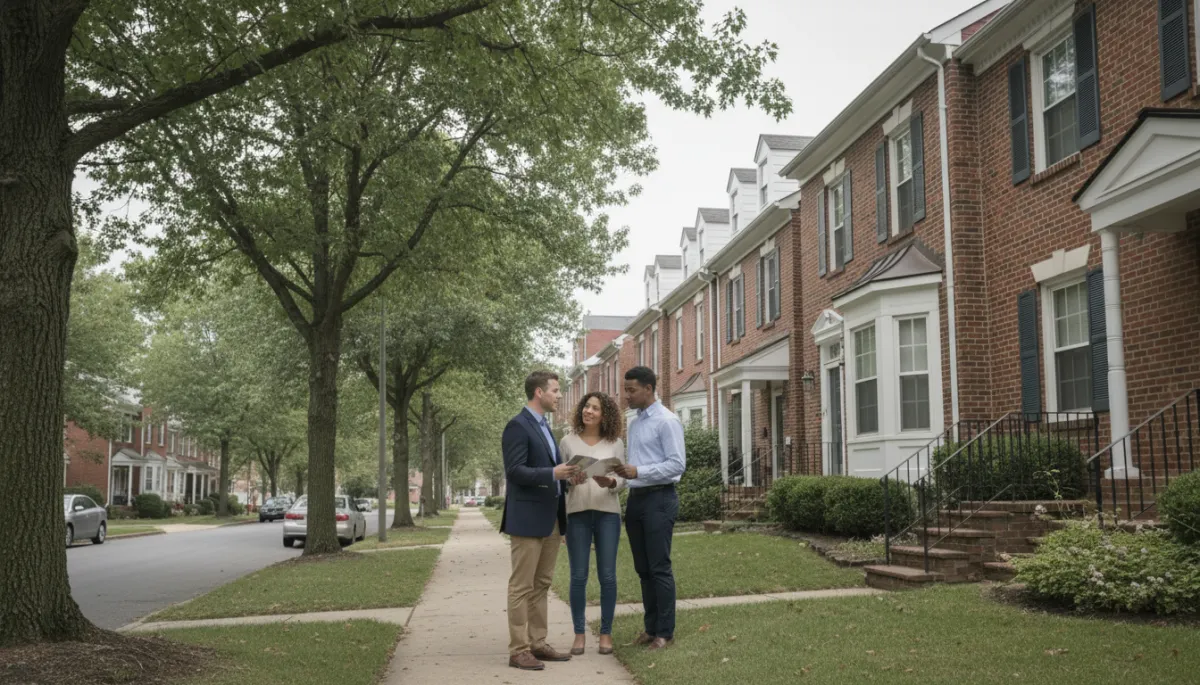 Brick townhomes in an Oxon Hill neighborhood with a couple viewing homes