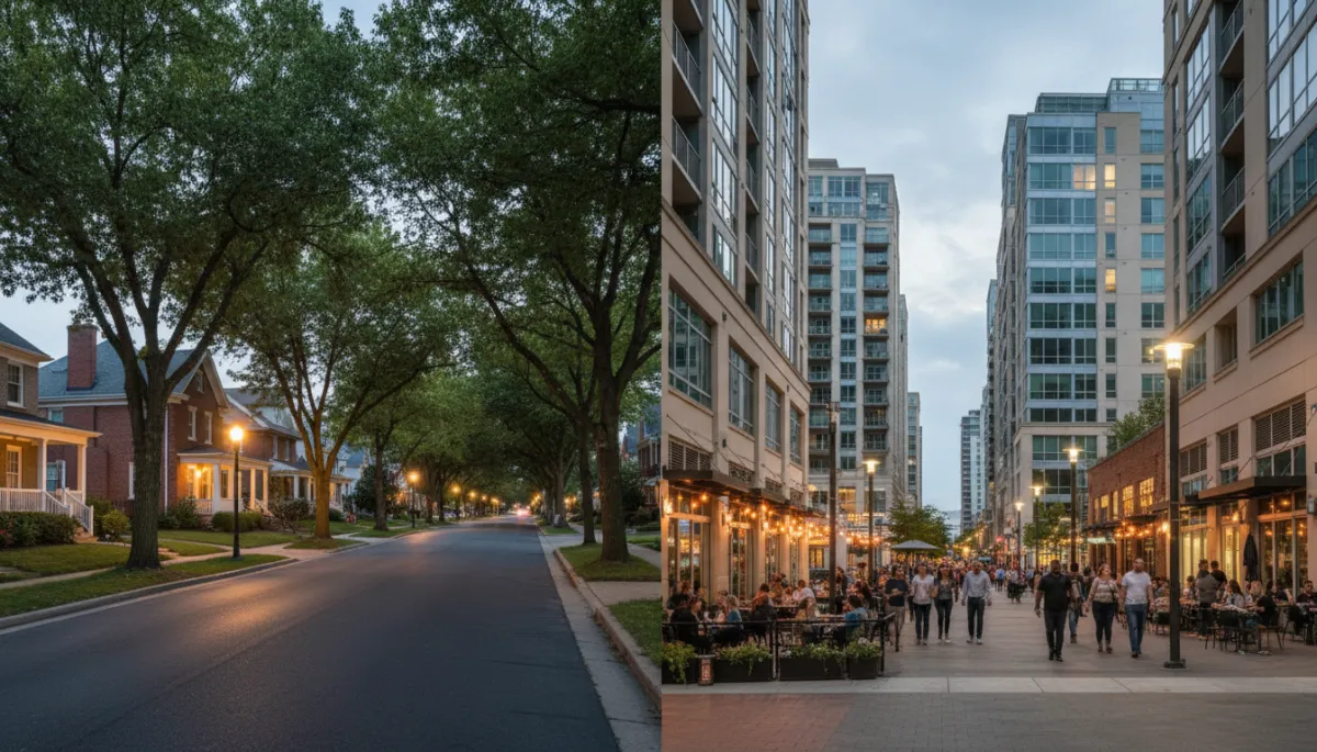 Photographic realistic comparison of Oxon Hill neighborhood street and National Harbor mixed-use waterfront street