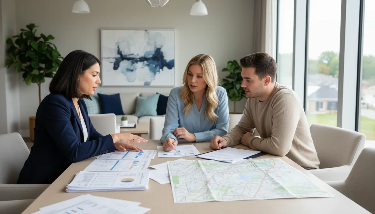 Photorealistic consultation between real estate agent and home buyers reviewing market data