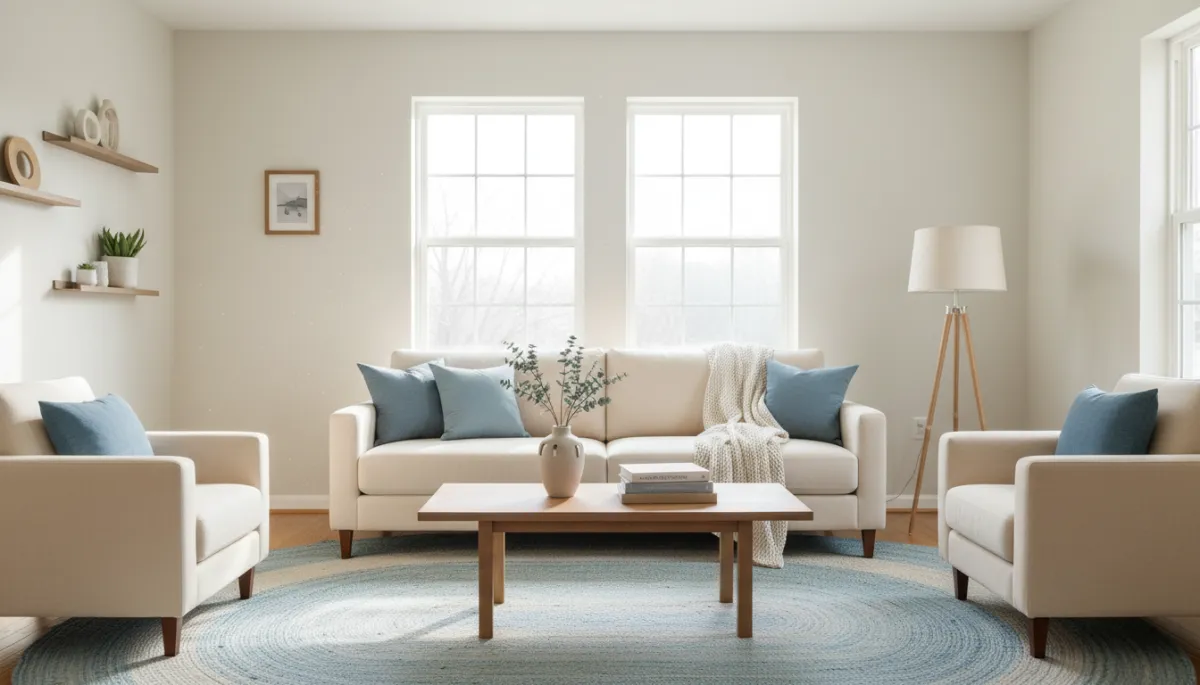 Photorealistic staged living room in Oxon Hill with neutral decor and natural light