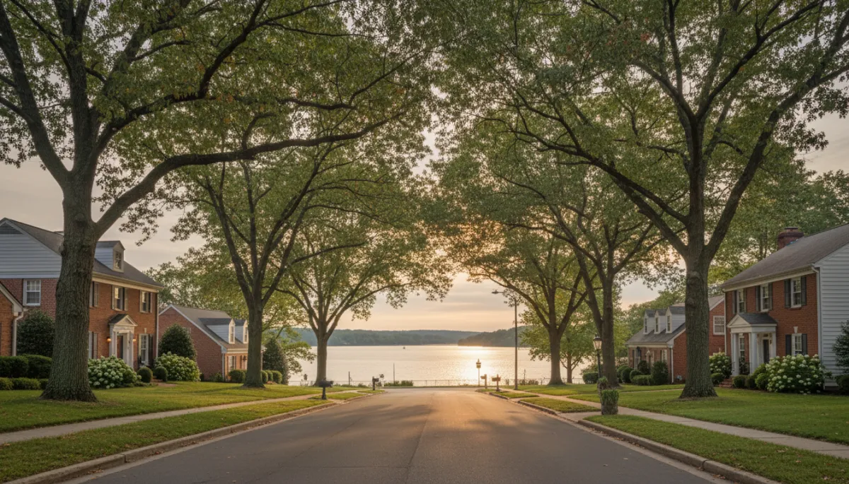 Tree-lined Fort Washington street with homes near the Potomac River