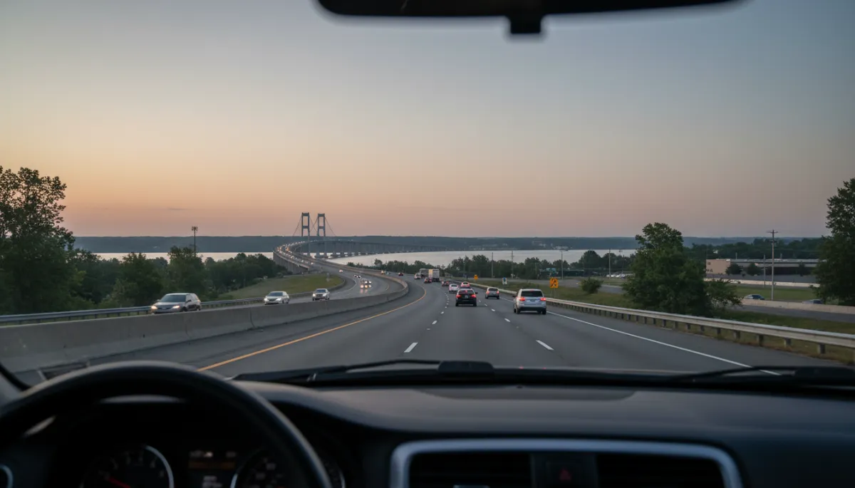Photographic realistic view from a car driving along MD-210 toward the Woodrow Wilson Bridge