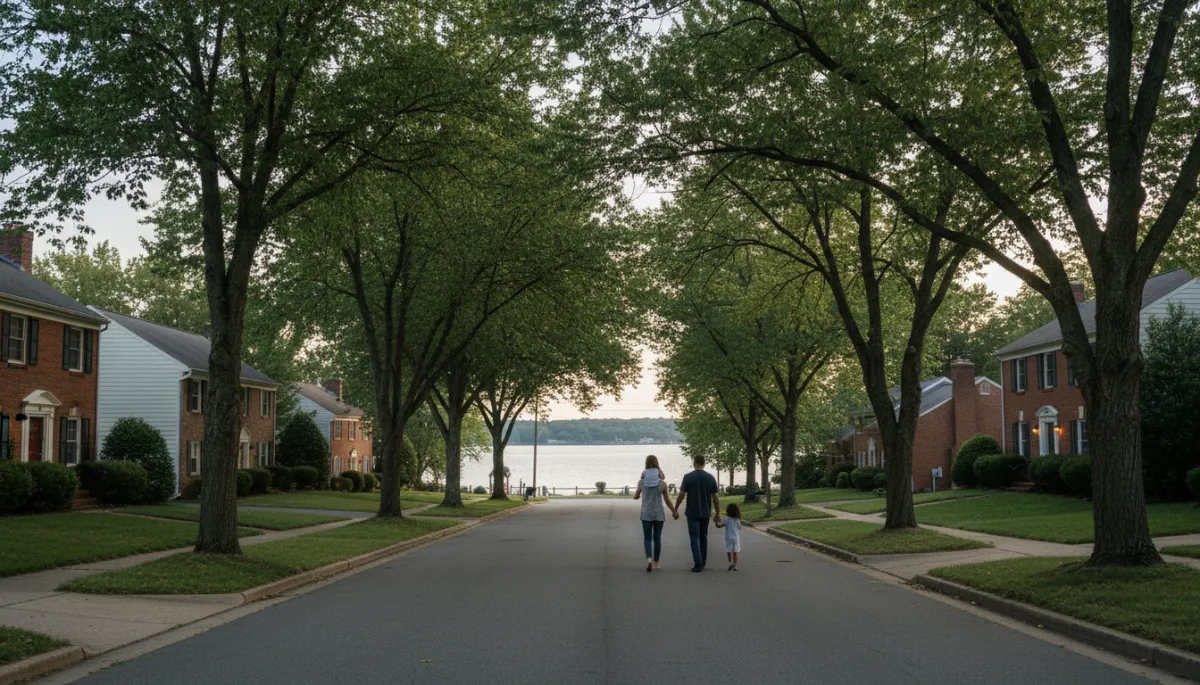 Family walking along a quiet residential street in Fort Washington Maryland