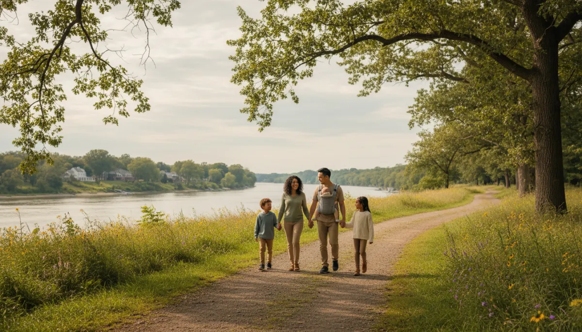 Family walking near the Potomac River in Fort Washington MD with homes in the background