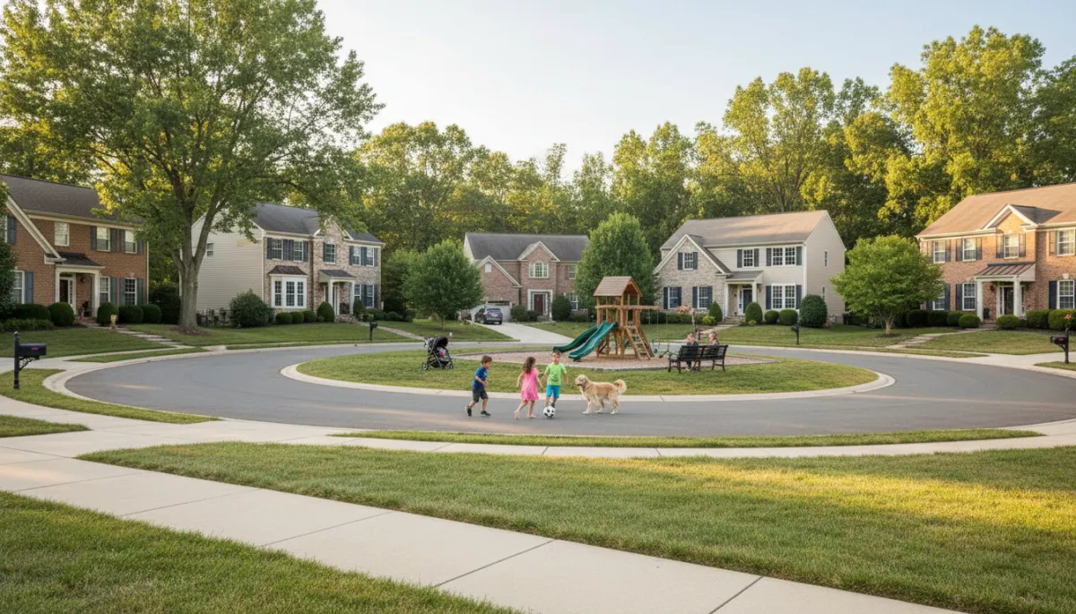 Family-friendly Rockville cul-de-sac with homes, trees, and children playing