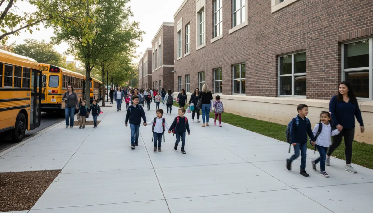 Photorealistic view of families walking near a modern Rockville school at dismissal time
