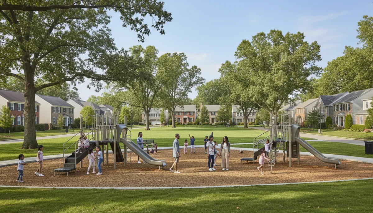 Photographic realistic park scene in a Rockville neighborhood with families and children