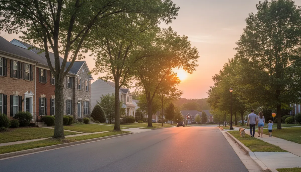 Photorealistic neighborhood scene with townhomes, single-family homes, and residents walking on a tree-lined street