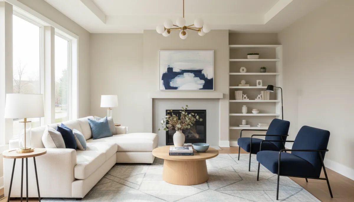 Photorealistic staged Rockville living room with neutral decor