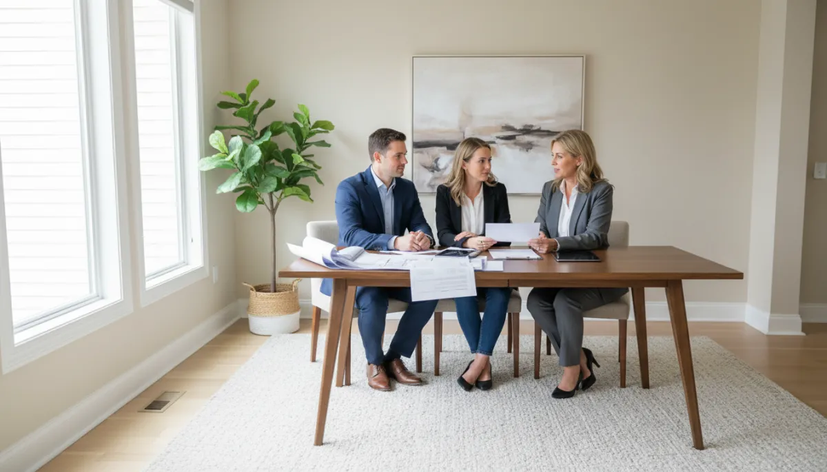 Photographic realistic scene of homebuyers reviewing documents with a real estate agent