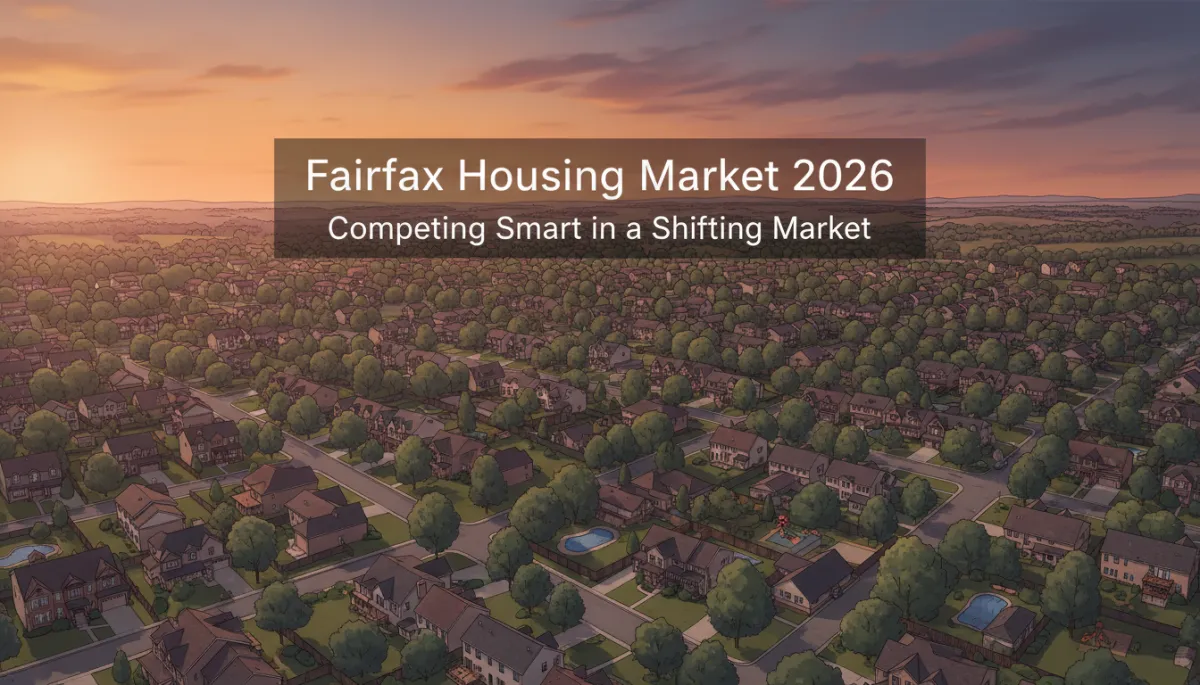 other style neutral-toned aerial view of Fairfax VA neighborhoods at sunset, mix of tree-lined streets and single-family homes, subtle text overlay in clean sans-serif reading 'Fairfax Housing Market 2026' and smaller subtitle 'Competing Smart in a Shifting Market'