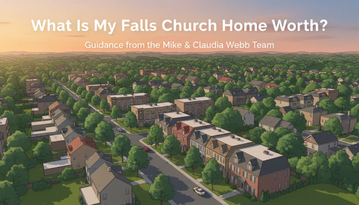 other style neutral-color aerial view of a Falls Church Virginia neighborhood at sunset, tree-lined streets and a mix of single-family homes and townhomes, subtle text overlay in clean sans-serif font reading “What Is My Falls Church Home Worth?” and smaller subtitle “Guidance from the Mike & Claudia Webb Team”