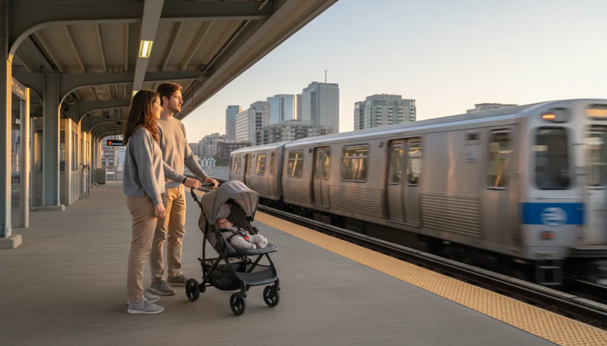 Photorealistic scene of parents with a stroller at a Metro station in West Falls Church