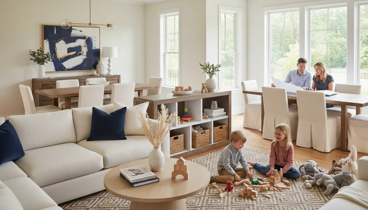 Photorealistic interior of a family home in Falls Church with parents planning their future