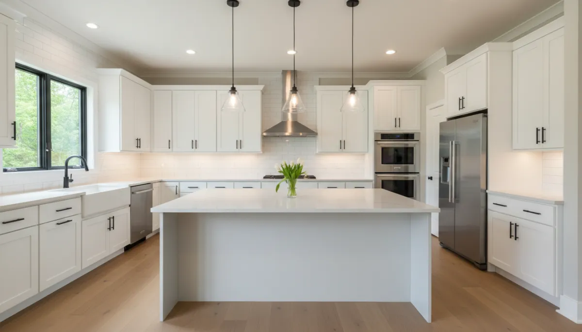 Photorealistic updated Springfield VA kitchen with modern lighting and hardware
