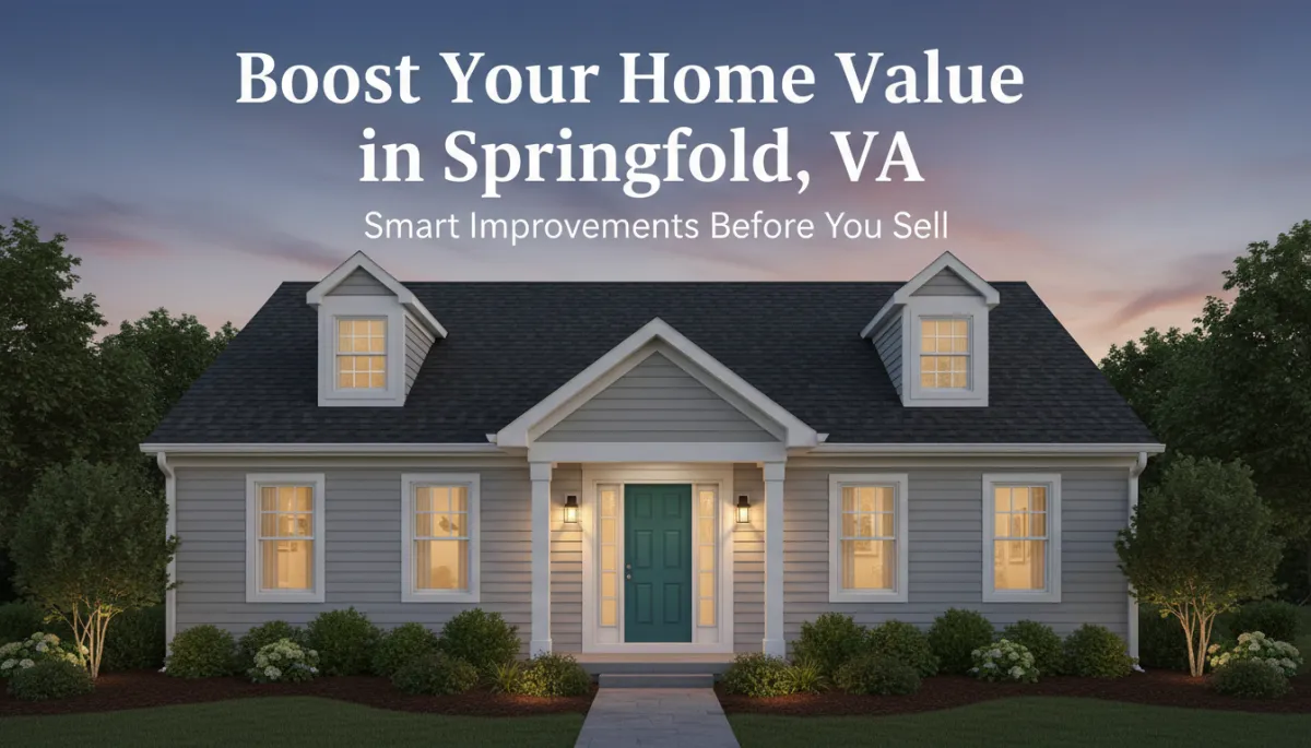 photorealistic neutral-toned Springfield VA suburban home at dusk with tidy landscaping, fresh mulch, updated front door and warm porch lighting, subtle text overlay in clean sans-serif font reading 'Boost Your Home Value in Springfield, VA' above smaller subtitle 'Smart Improvements Before You Sell'