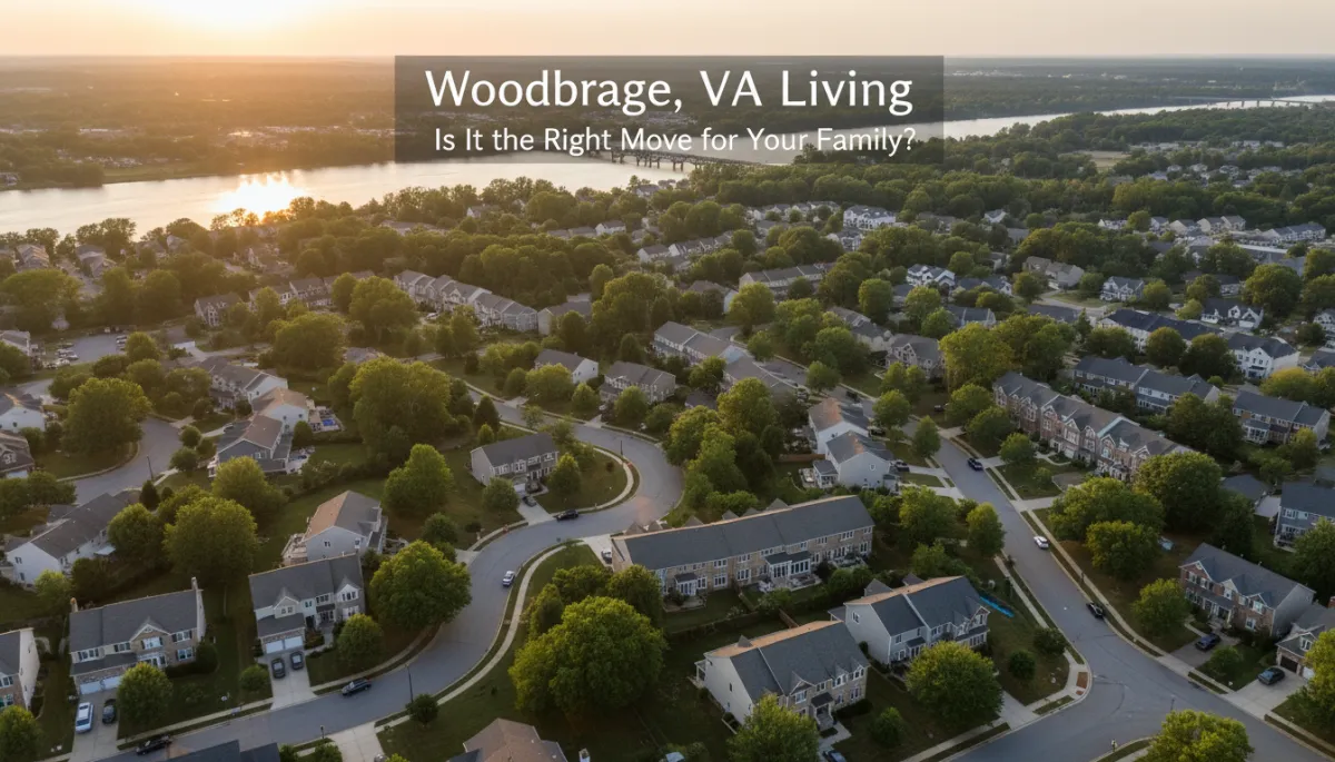 photorealistic aerial view of Woodbridge VA at golden hour, Potomac River in background, mix of townhomes and single-family houses with tree-lined streets, neutral color palette, subtle overlay text in clean sans-serif fonts reading 'Woodbridge, VA Living' and 'Is It the Right Move for Your Family?'