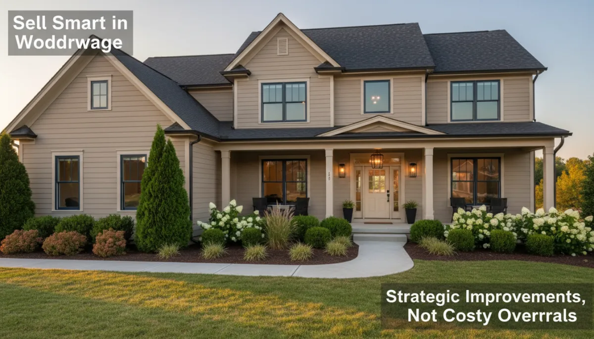 photographic realistic wide shot of a freshly prepared suburban home exterior in Woodbridge VA at golden hour, neat landscaping, clean walkway, updated front door and lighting, neutral color palette with navy and warm ivory accents, subtle text overlay in modern sans serif fonts reading 'Sell Smart in Woodbridge' and 'Strategic Improvements, Not Costly Overhauls'