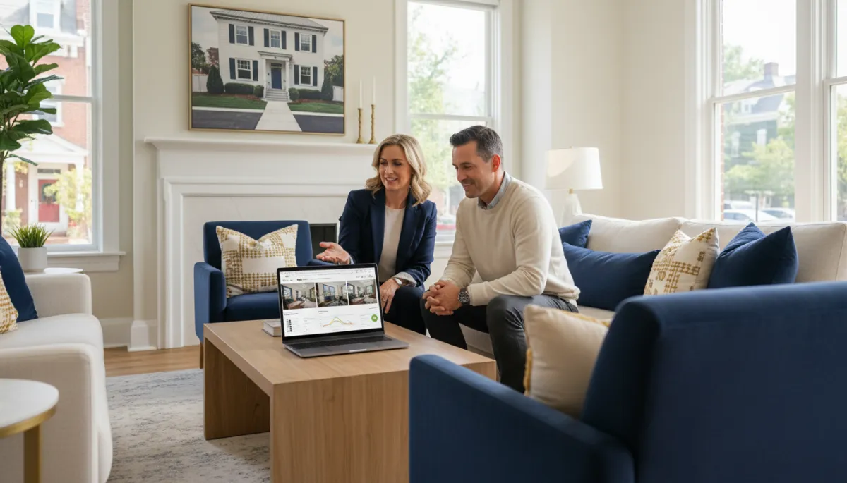 Agent and homeowner reviewing a professionally staged and photographed Alexandria home listing