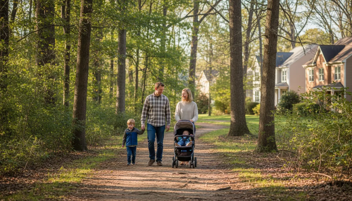 Family walking through Daniels Run Park near Fairfax homes