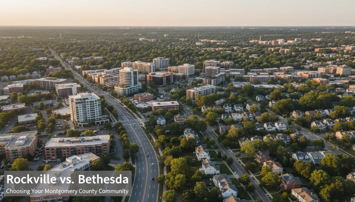 photorealistic aerial view at golden hour of Rockville and Bethesda style suburban-urban mix, tree-lined streets, low- to mid-rise buildings, and single-family homes, neutral color palette, soft natural light, subtle text overlay in modern sans-serif reading 'Rockville vs. Bethesda' and smaller subtitle 'Choosing Your Montgomery County Community'