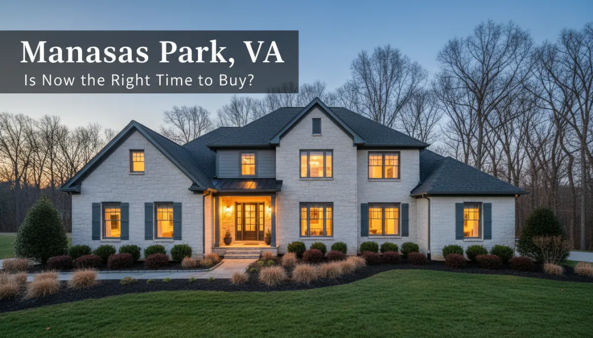 photorealistic twilight view of an elegant single-family home in Manassas Park VA with warm interior lights glowing, manicured landscaping, neutral color palette of soft ivories and slate blues, subtle view of distant trees, tasteful text overlay in modern serif font reading 'Manassas Park, VA' and smaller subtitle 'Is Now the Right Time to Buy?'