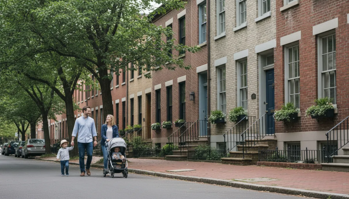 Photorealistic view of a Washington, DC neighborhood street with a family walking by rowhouses
