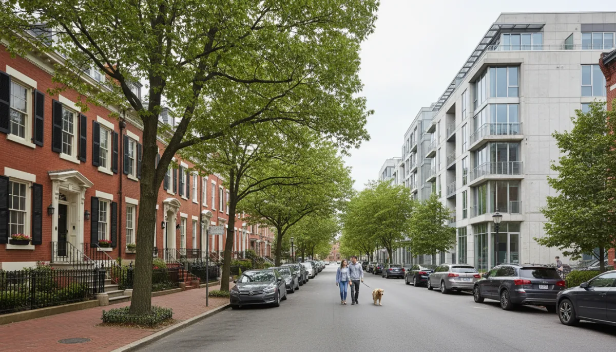 Row houses and a modern condo building on a tree-lined Washington DC street