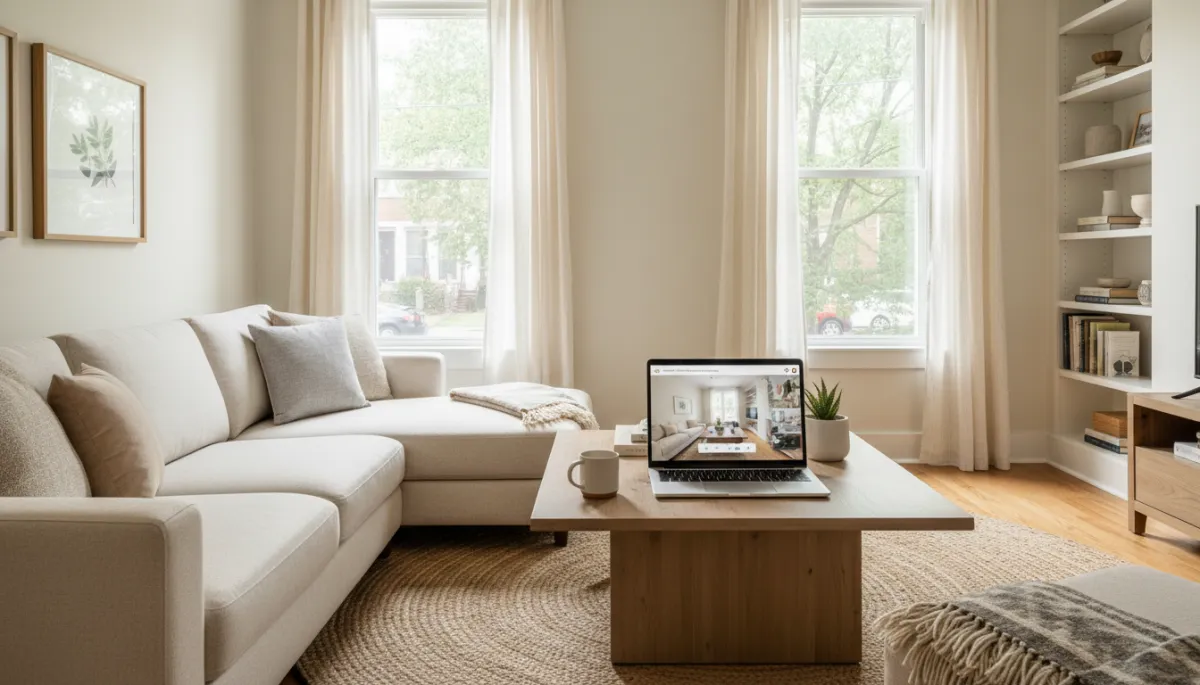 Living room of a Washington DC rowhouse with a virtual tour on a laptop