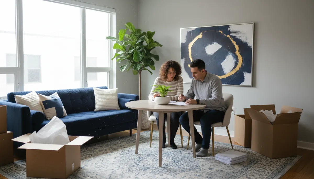 Photorealistic view of new homeowners in a Washington DC area living room preparing for move-in