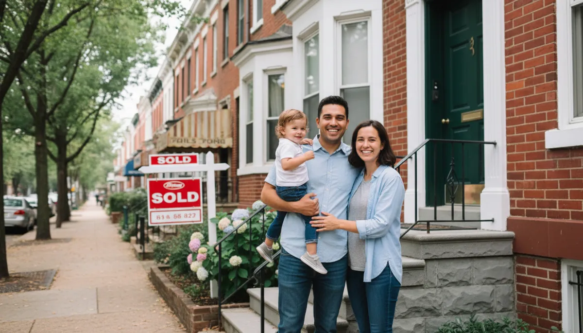 Young family in front of a Washington DC rowhouse with a sold sign Young family in front of a Washington DC rowhouse with a sold sign