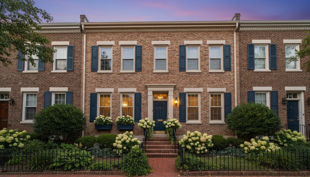 Photorealistic street view of a Washington DC brick rowhouse on a quiet block