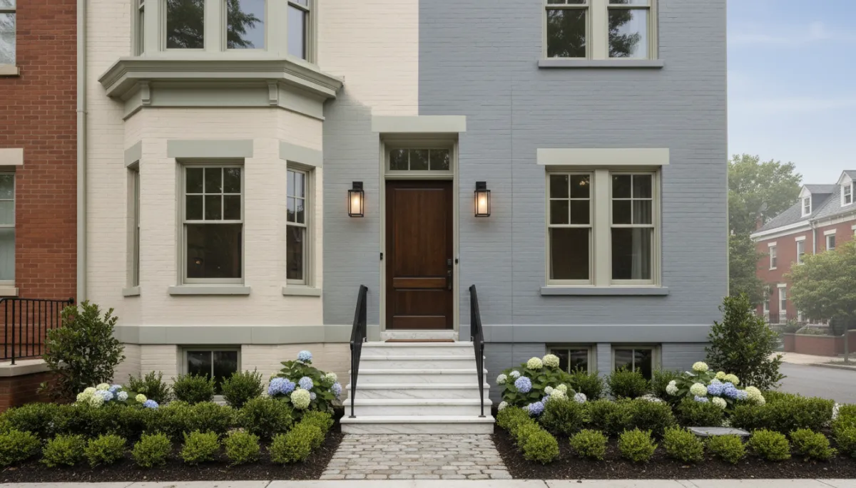 Photorealistic Washington DC row home exterior with strong curb appeal