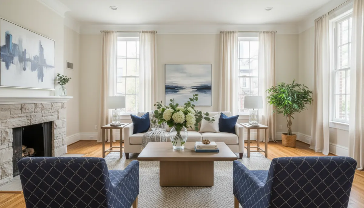 photorealistic wide-angle view of a beautifully staged Washington DC row home living room with neutral color palette, soft navy and ivory accents, large windows, tasteful furniture, fresh flowers on coffee table, subtle text overlay in elegant sans-serif font reading 'Maximize Your DC Home Value' and smaller subtitle 'Smart Preparation, Confident Selling'