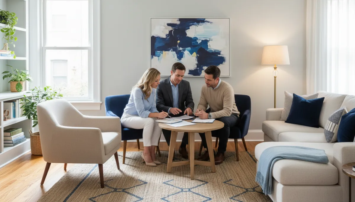 Photographic realistic staged DC living room where homeowners review selling and buying plans with an agent