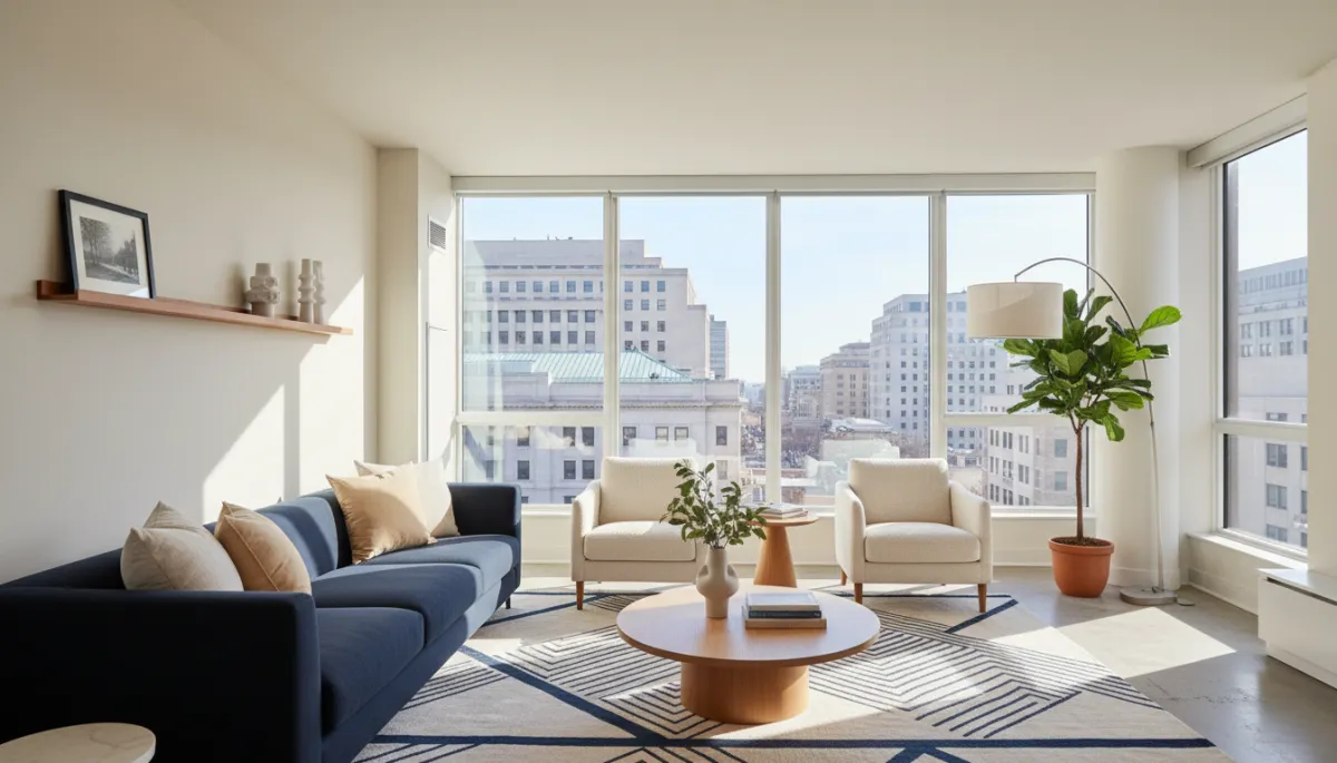 Photorealistic staged Washington DC living room highlighting paint, decluttering, and natural light