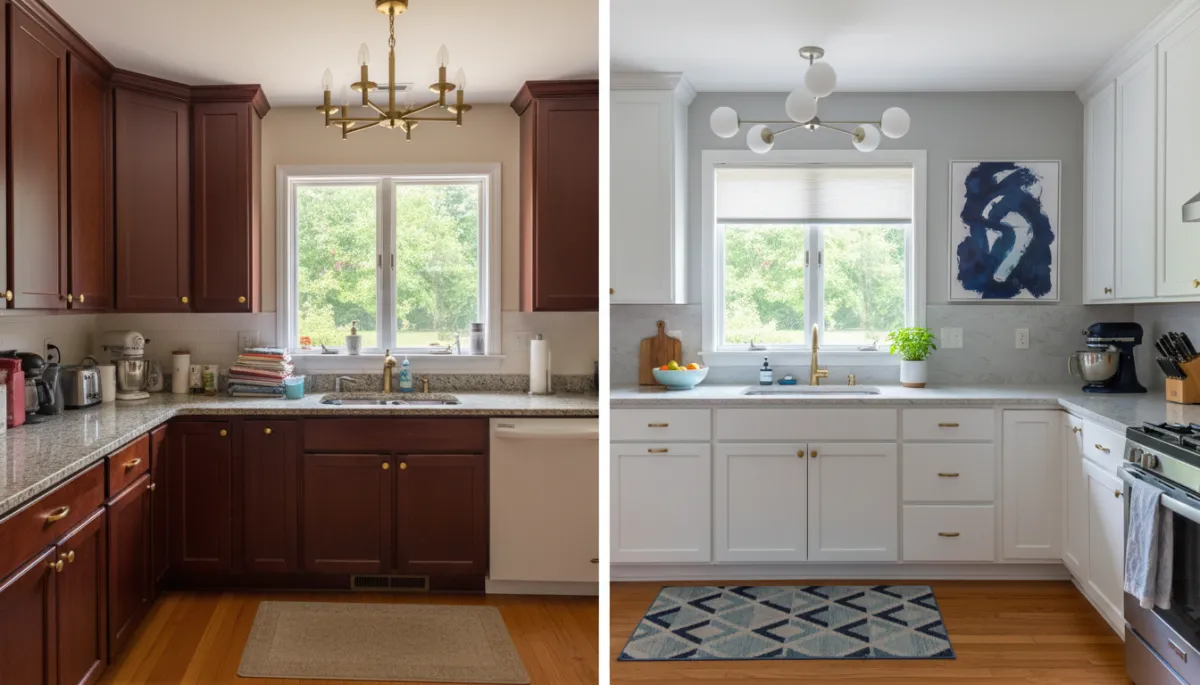 Before and after comparison of a prepared and staged Potomac VA kitchen