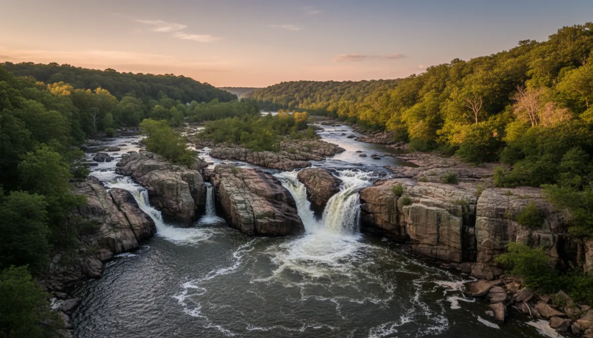Photorealistic scenic overlook of Great Falls Park near Potomac VA