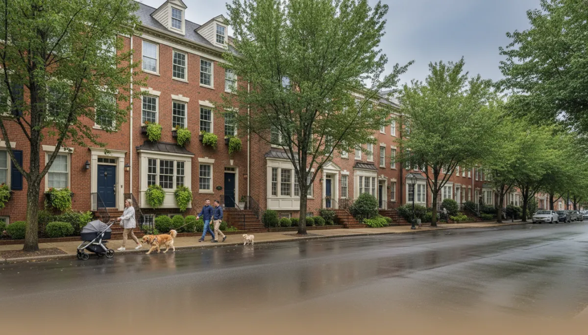 Photographic realistic South Arlington street with brick townhomes and neighbors outdoors